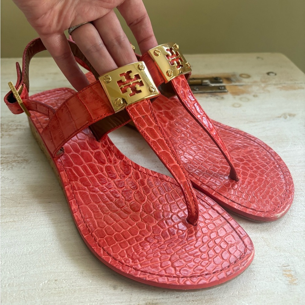 Tory Burch Kelsey Italian Croc Leather Wedge Sandals Sz 9